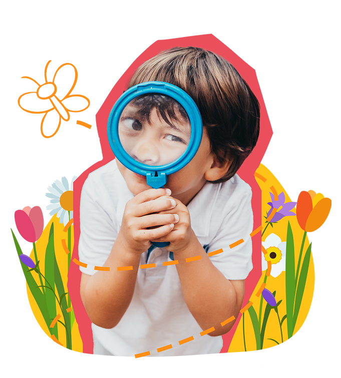 spring-camp-kid Child with a magnifying glass with flowers and butterfly.