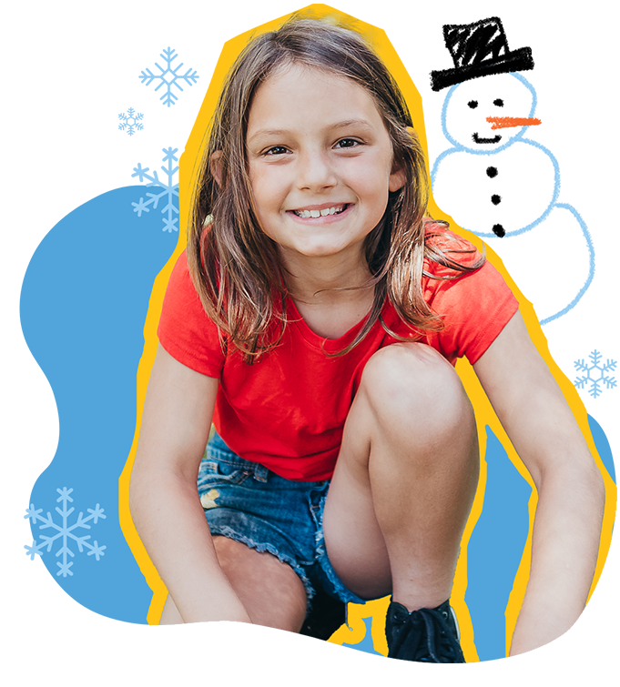 winter-camp-kid Girl in front of a snowman and snowflakes