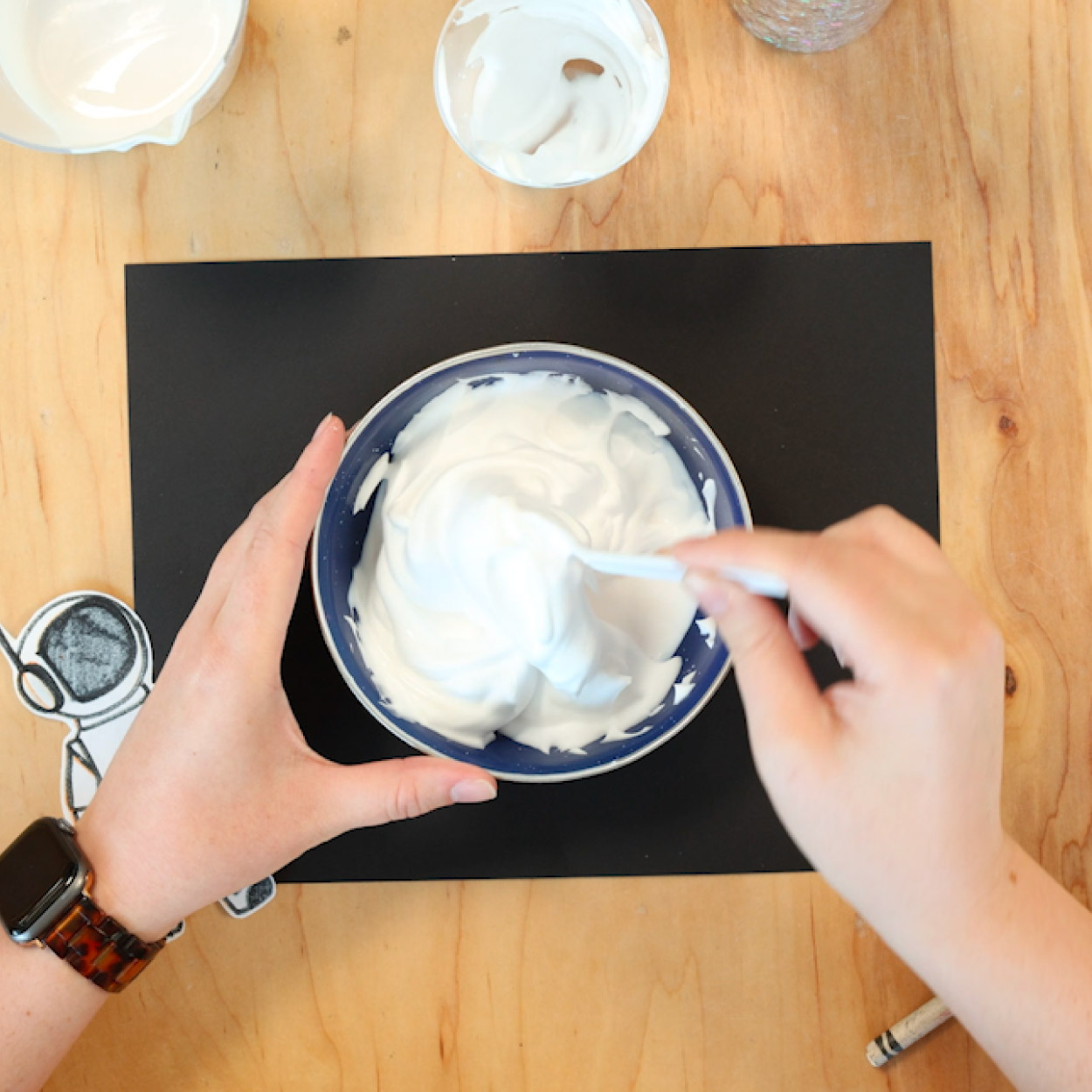 Mix shaving cream and liquid glue together