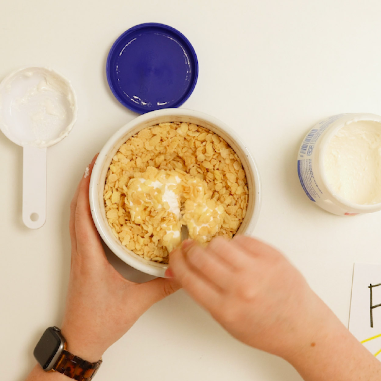 Mix rice crispies and marshmallow fluff
