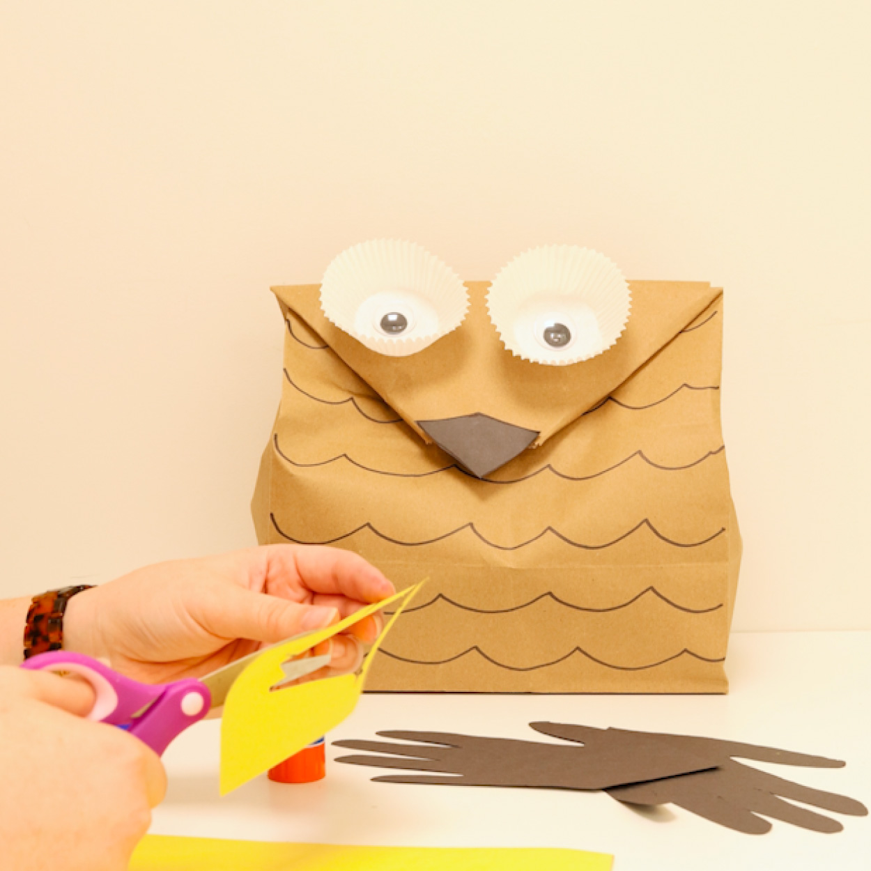 Add the details to your owl puppet